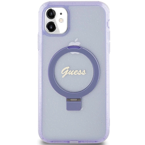 Etui Guess Ring Stand Script Glitter MagSafe na iPhone 11 / Xr - fioletowe