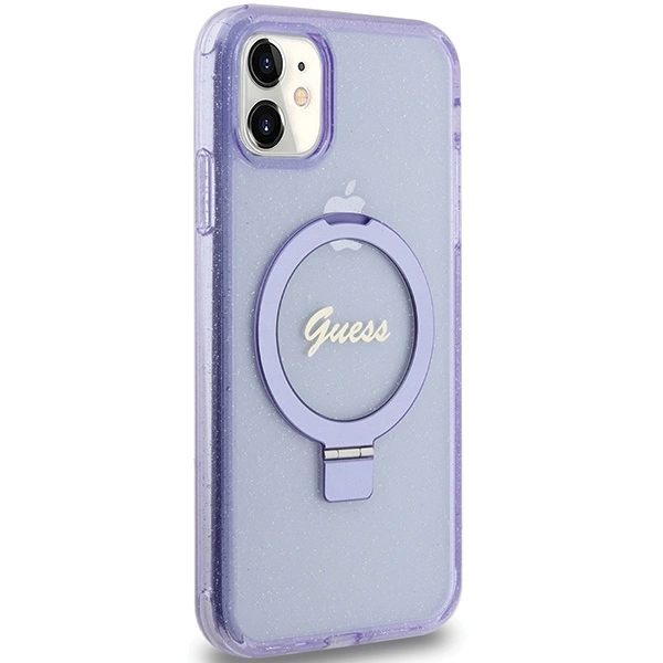 Etui Guess Ring Stand Script Glitter MagSafe na iPhone 11 / Xr - fioletowe