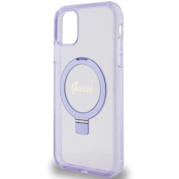 Etui Guess Ring Stand Script Glitter MagSafe na iPhone 11 / Xr - fioletowe