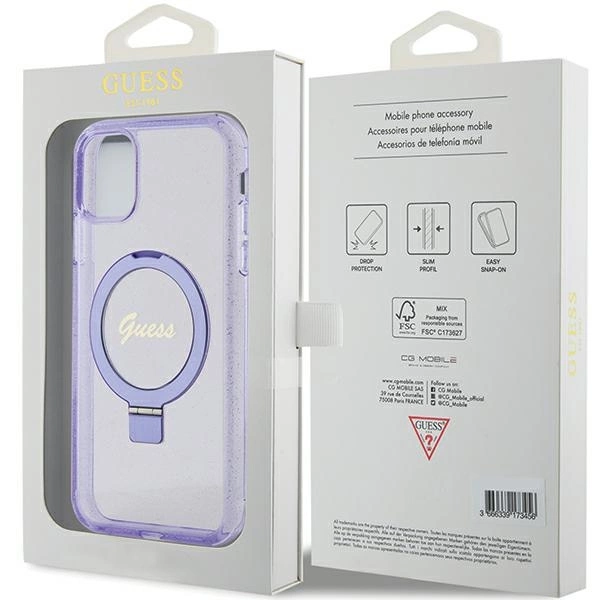 Etui Guess Ring Stand Script Glitter MagSafe na iPhone 11 / Xr - fioletowe