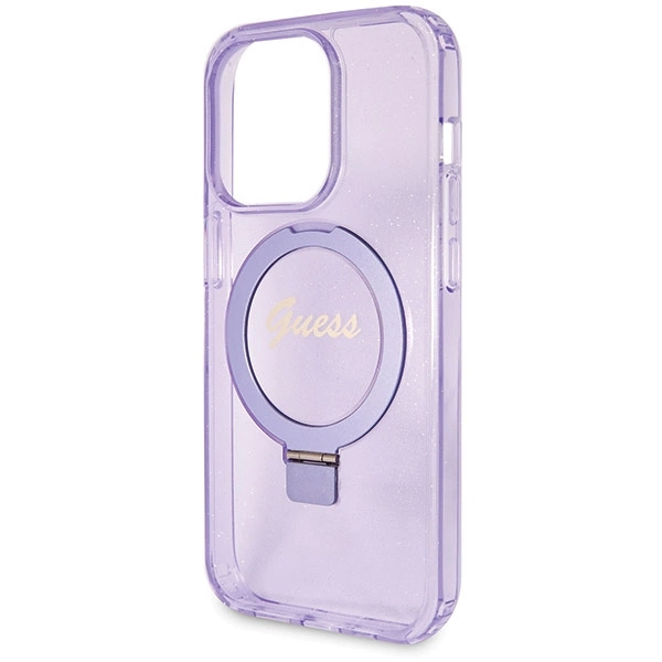 Etui Guess Ring Stand Script Glitter MagSafe na iPhone 13 Pro / 13 - fioletowe