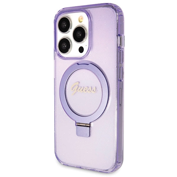 Etui Guess Ring Stand Script Glitter MagSafe na iPhone 14 Pro - fioletowe