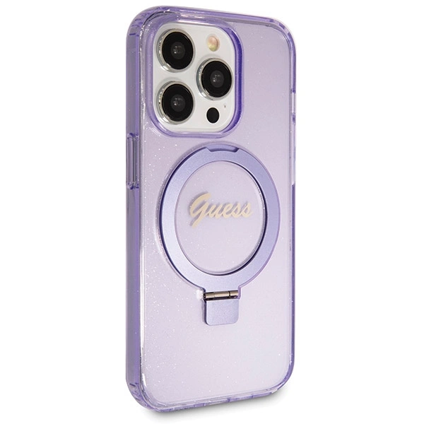 Etui Guess Ring Stand Script Glitter MagSafe na iPhone 14 Pro - fioletowe
