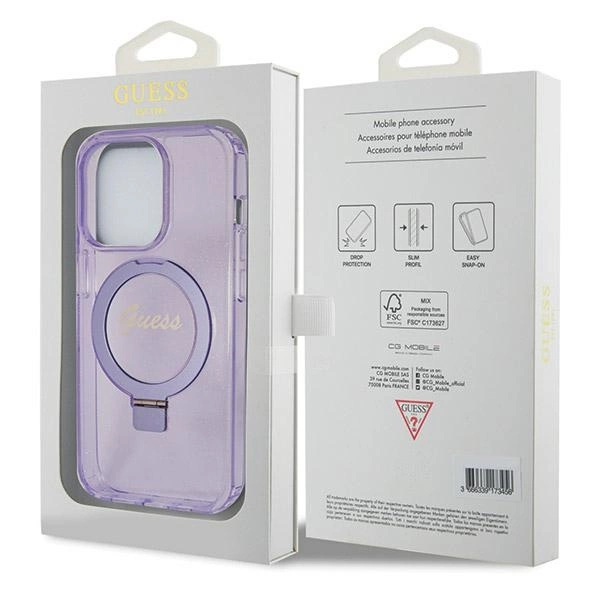 Etui Guess Ring Stand Script Glitter MagSafe na iPhone 14 Pro - fioletowe