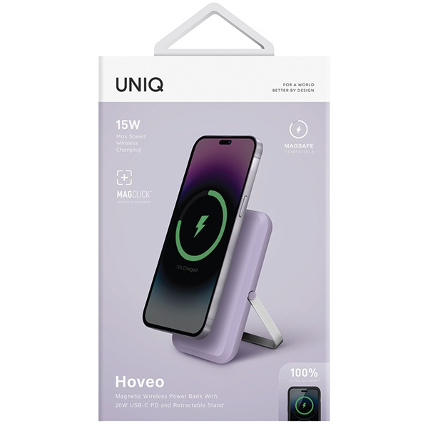 UNIQ Powerbank Hoveo 5000mAh USB-C 20W PD Fast charge Wireless Magnetic liliowy/lilac lavender