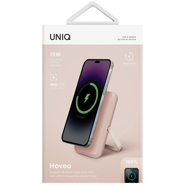 UNIQ Powerbank Hoveo 5000mAh USB-C 20W PD Fast charge Wireless Magnetic różowy/blush pink