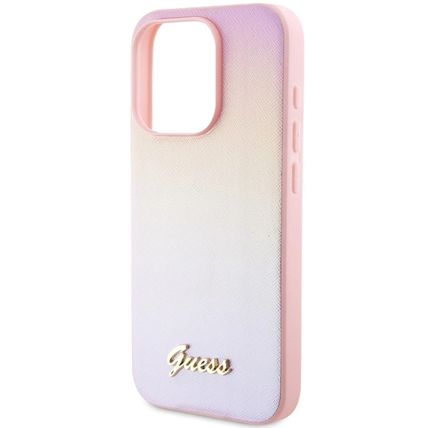 Etui Guess Saffiano Iridescent Script na iPhone 14 Pro Max - różowe
