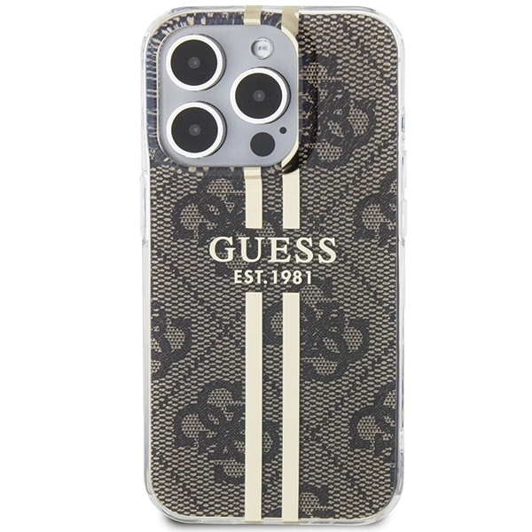 Etui Guess IML 4G Gold Stripe na iPhone 15 Pro - brązowe