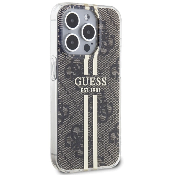 Etui Guess IML 4G Gold Stripe na iPhone 15 Pro - brązowe