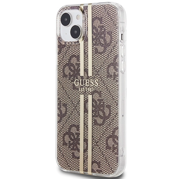 Etui Guess IML 4G Gold Stripe na iPhone 15 Plus / 14 Plus - brązowe