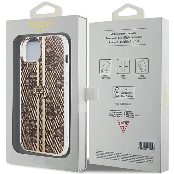 Etui Guess IML 4G Gold Stripe na iPhone 15 Plus / 14 Plus - brązowe