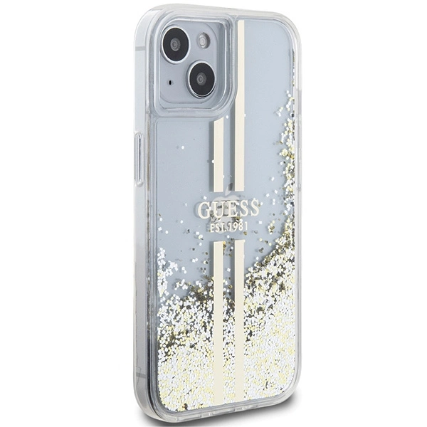 Etui Guess Liquid Glitter Gold Stripes na iPhone 15 Plus / 14 Plus - przezroczyste