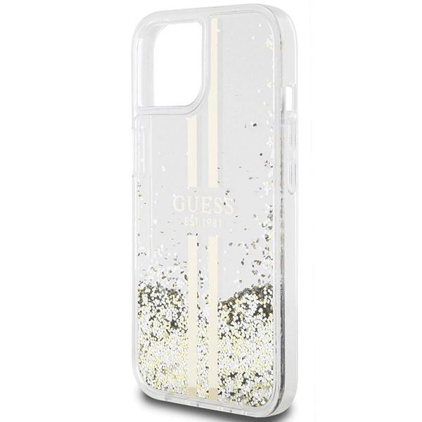 Etui Guess Liquid Glitter Gold Stripes na iPhone 15 Plus / 14 Plus - przezroczyste