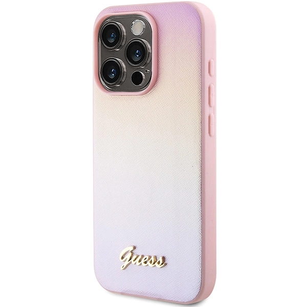 Etui Guess Saffiano Iridescent Script na iPhone 15 Pro Max - różowe