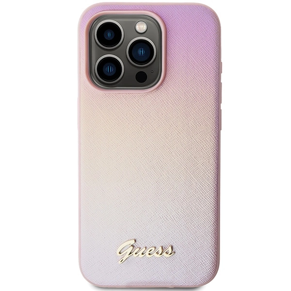 Etui Guess Saffiano Iridescent Script na iPhone 15 Pro Max - różowe