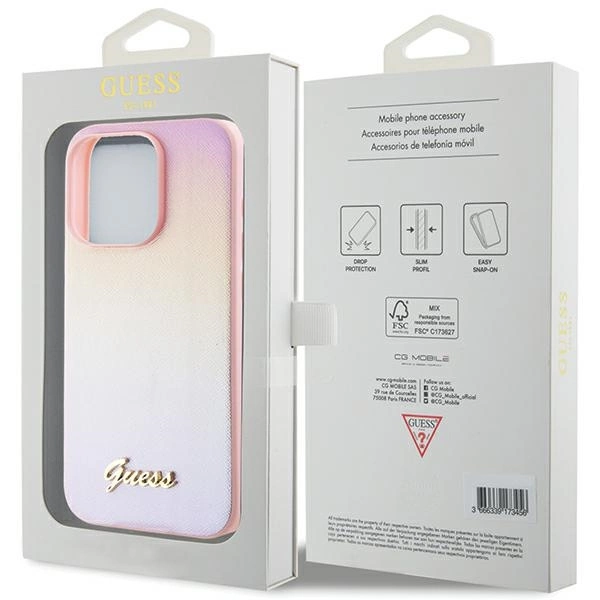 Etui Guess Saffiano Iridescent Script na iPhone 15 Pro Max - różowe