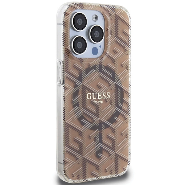 Etui Guess IML GCube MagSafe na iPhone 15 Pro - brązowe