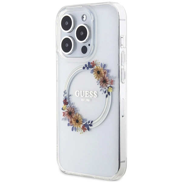 Etui Guess IML Flowers Wreatch MagSafe na iPhone 15 Pro Max - przezroczyste