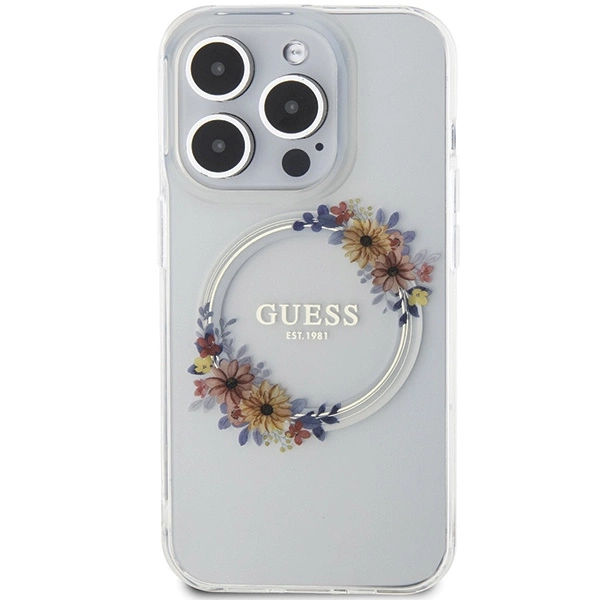 Etui Guess IML Flowers Wreatch MagSafe na iPhone 15 Pro Max - przezroczyste
