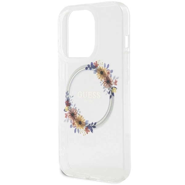Etui Guess IML Flowers Wreatch MagSafe na iPhone 15 Pro Max - przezroczyste
