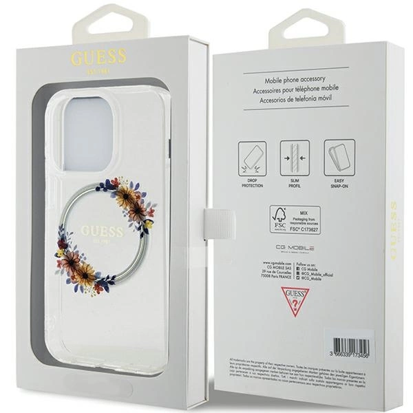 Etui Guess IML Flowers Wreatch MagSafe na iPhone 15 Pro Max - przezroczyste