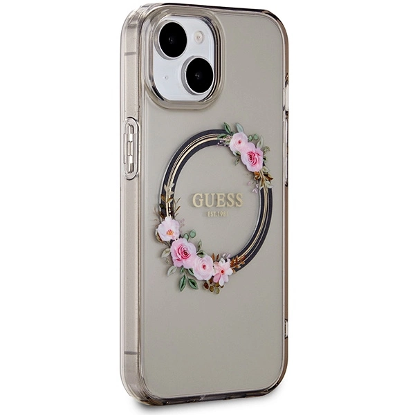 Etui Guess IML Flowers Wreath MagSafe na iPhone 15 / 14 / 13 - czarne