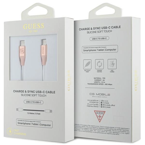 Kabel Guess Ebossed Logo USB-C / USB-C 1.5m szybkie ładowanie - różowy