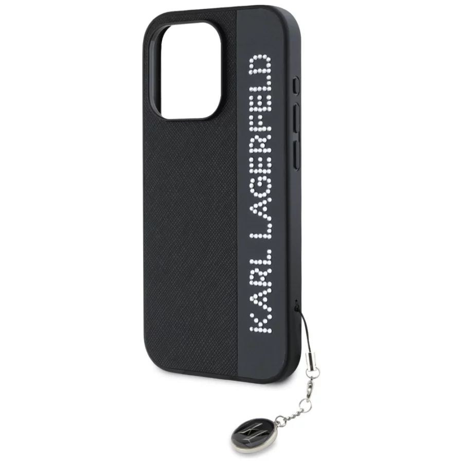 Etui Karl Lagerfeld Saffiano Rhinestones & Charm na iPhone 15 Pro - czarne