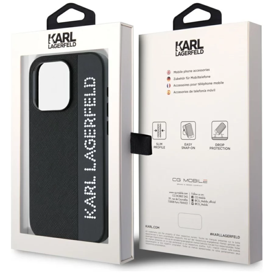 Etui Karl Lagerfeld Saffiano Rhinestones & Charm na iPhone 15 Pro - czarne