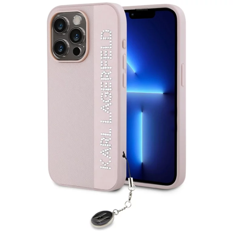 Etui Karl Lagerfeld Saffiano Rhinestones & Charm na iPhone 15 Pro - różowe