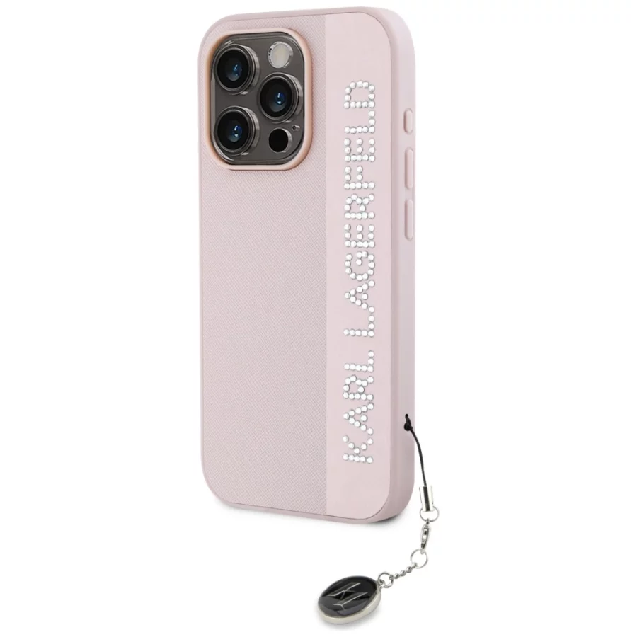 Etui Karl Lagerfeld Saffiano Rhinestones & Charm na iPhone 15 Pro - różowe