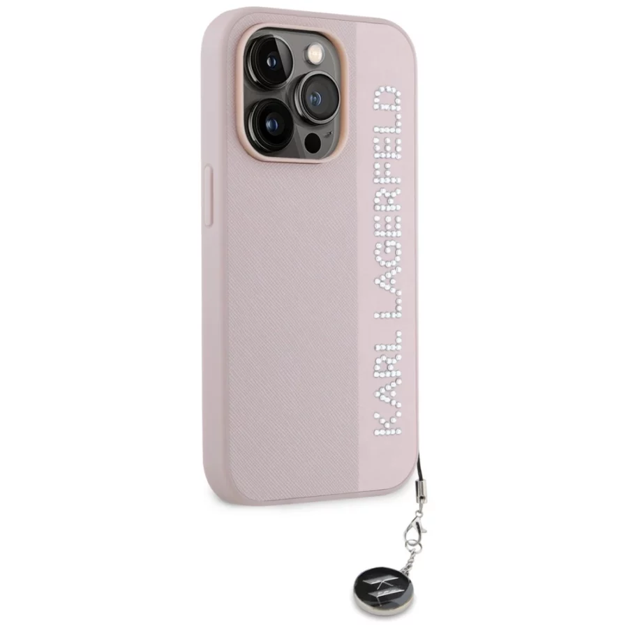 Etui Karl Lagerfeld Saffiano Rhinestones & Charm na iPhone 15 Pro - różowe