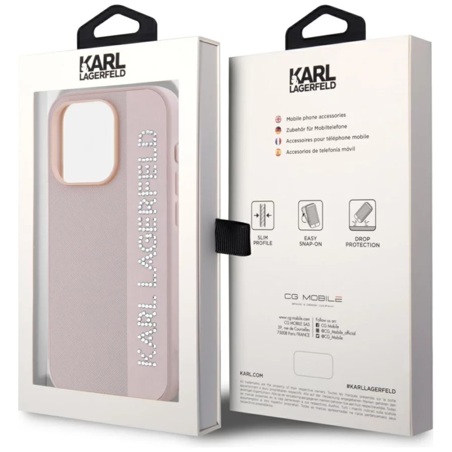 Etui Karl Lagerfeld Saffiano Rhinestones & Charm na iPhone 15 Pro - różowe