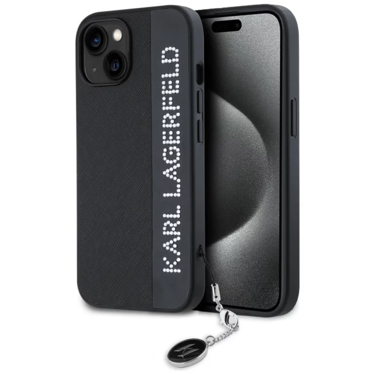 Etui Karl Lagerfeld Saffiano Rhinestones & Charm na iPhone 15 / 14 / 13 - czarne