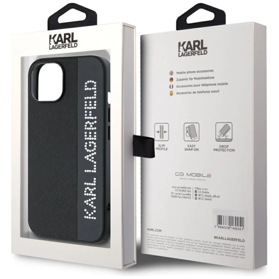 Etui Karl Lagerfeld Saffiano Rhinestones & Charm na iPhone 15 / 14 / 13 - czarne