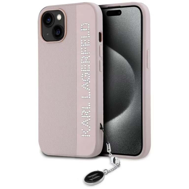 Etui Karl Lagerfeld Saffiano Rhinestones & Charm na iPhone 15 / 14 / 13 - różowe