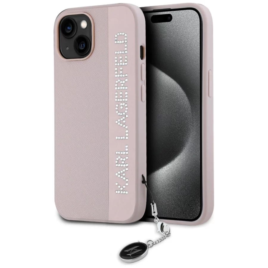 Etui Karl Lagerfeld Saffiano Rhinestones & Charm na iPhone 15 / 14 / 13 - różowe