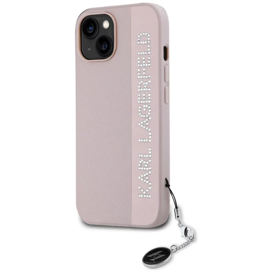 Etui Karl Lagerfeld Saffiano Rhinestones & Charm na iPhone 15 / 14 / 13 - różowe