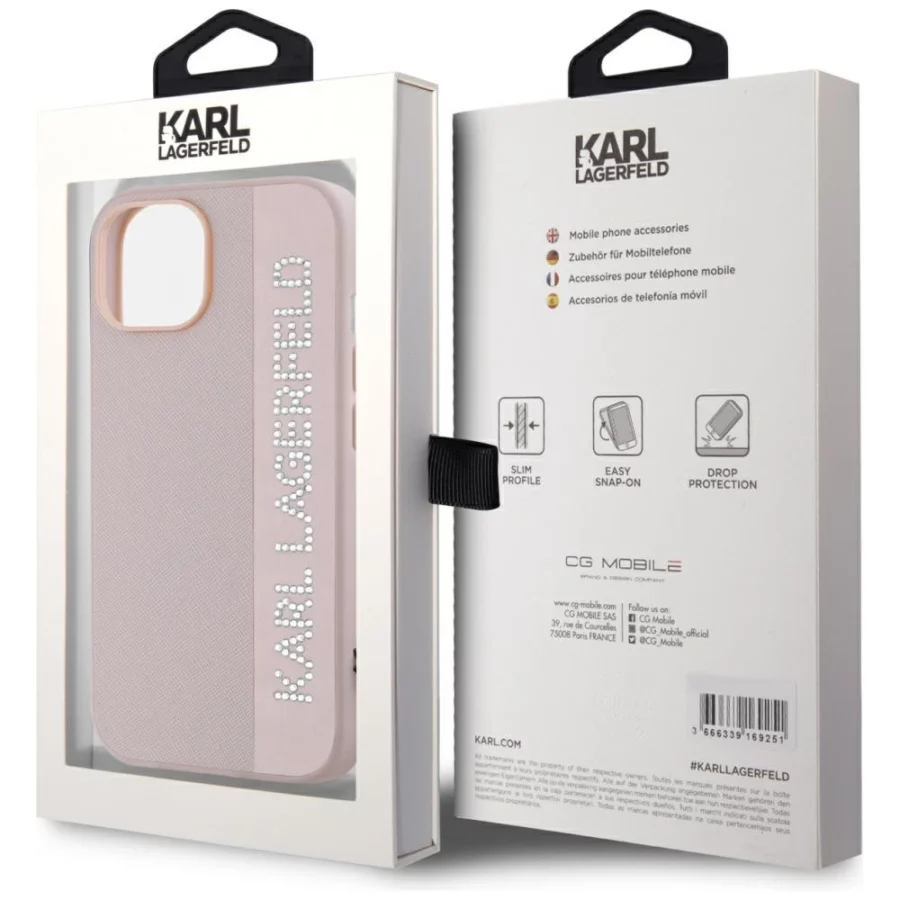 Etui Karl Lagerfeld Saffiano Rhinestones & Charm na iPhone 15 / 14 / 13 - różowe
