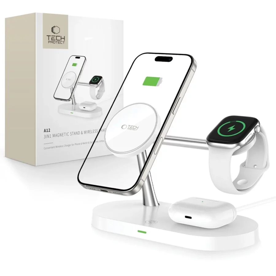 Ładowarka Tech-Protect A12 indukcyjna 3w1 MagSafe na smartfon / słuchawki / smartwatch - biała