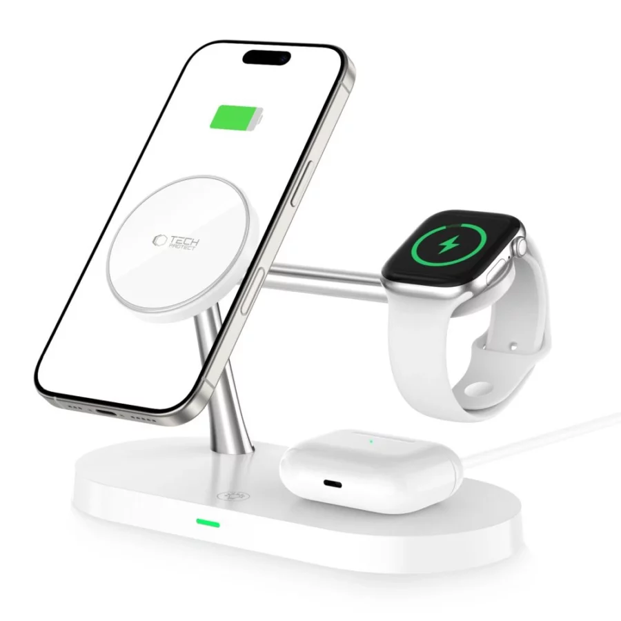 Ładowarka Tech-Protect A12 indukcyjna 3w1 MagSafe na smartfon / słuchawki / smartwatch - biała