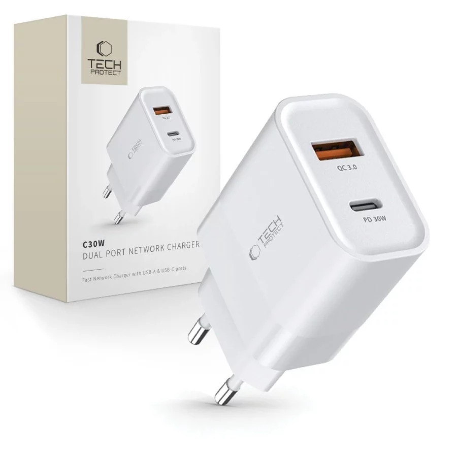 Ładowarka Tech-Protect C30W sieciowa USB-C PD 30W / USB-A QC 3.0 - biała