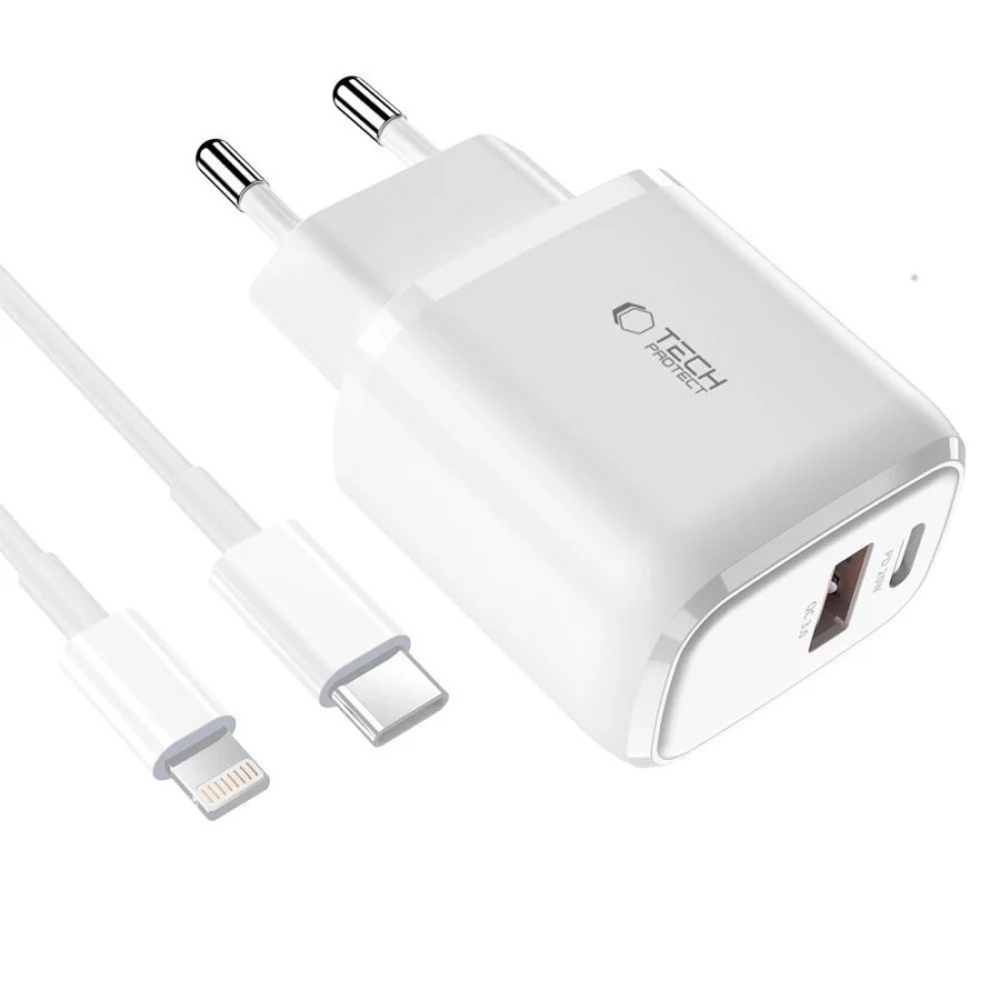 Ładowarka Tech-Protect C20W sieciowa USB-C PD 20W / USB-A QC 3.0 z kablem USB-C / Lightning - biała