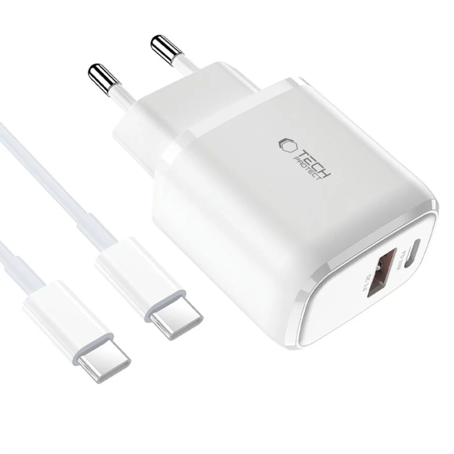 Ładowarka Tech-Protect C20W sieciowa USB-C PD 20W / USB-A QC 3.0 z kablem USB-C / USB-C - biała