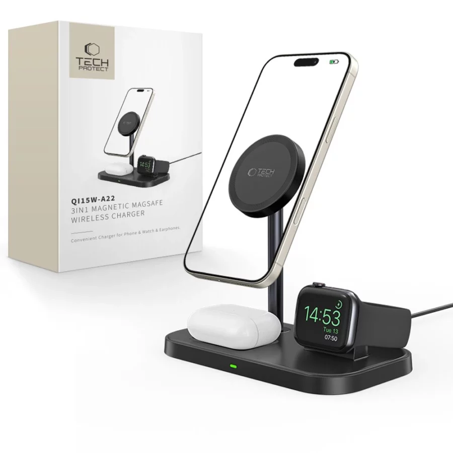 Ładowarka Tech-Protect QI15W-A22 indukcyjna MagSafe ze stojakiem 3w1 MagSafe na smartfon / Apple Watch / AirPods - czarna