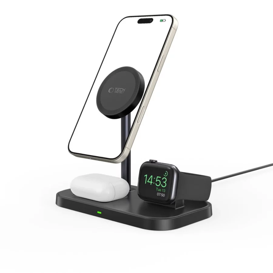 Ładowarka Tech-Protect QI15W-A22 indukcyjna MagSafe ze stojakiem 3w1 MagSafe na smartfon / Apple Watch / AirPods - czarna