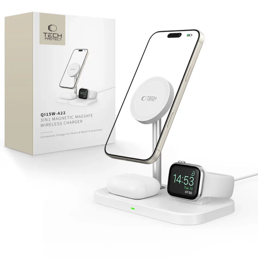 Ładowarka Tech-Protect QI15W-A22 indukcyjna MagSafe ze stojakiem 3w1 MagSafe na smartfon / Apple Watch / AirPods - biała