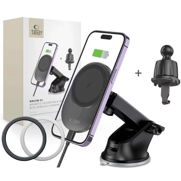 Uchwyt Tech-Protect MM15W-V1 samochodowy na telefon z ładowarką indukcyjną MagSafe 15W na kokpit / kratkę nawiewu - czarny