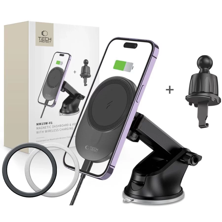 Uchwyt Tech-Protect MM15W-V1 samochodowy na telefon z ładowarką indukcyjną MagSafe 15W na kokpit / kratkę nawiewu - czarny