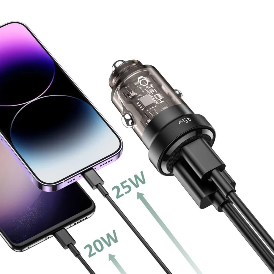 Ładowarka Tech-Protect CC45W samochodowa USB-C PD 45W / USB-A QC 3.0 - czarna